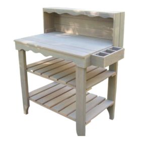 Outdoor Cedar Wood Potting Bench Bakers Rack Garden Storage Table in Grey