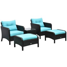 5 Pieces Rattan Wicker Lounge Chair Outdoor Patio Conversation Set with Cushioned Chairs, Ottomans & Tempered Glass Top Coffee Table, Blue
