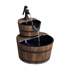 Wood Freestanding Fountain with 2 Tier Waterfall Barrel, Electric Pump for Garden Decor, Lawn, Backyard