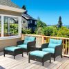 5 Pieces Rattan Wicker Lounge Chair Outdoor Patio Conversation Set with Cushioned Chairs, Ottomans & Tempered Glass Top Coffee Table, Blue