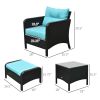 5 Pieces Rattan Wicker Lounge Chair Outdoor Patio Conversation Set with Cushioned Chairs, Ottomans & Tempered Glass Top Coffee Table, Blue